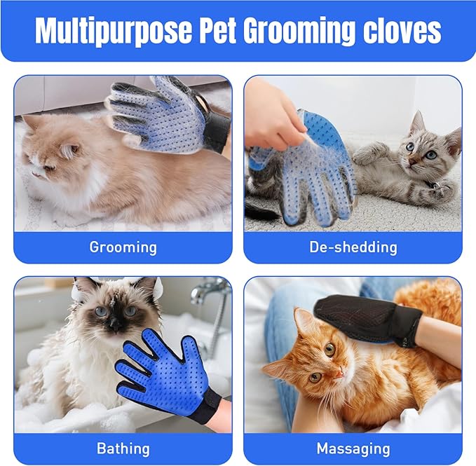 VUDANZYER Cat & Dog Grooming Gloves for Shedding, 4PCS Efficient Deshedding Pet Grooming Gloves for Dogs with 1PCS Pet Hair Remover Gloves, Cats & Horses with Long & Short Fur
