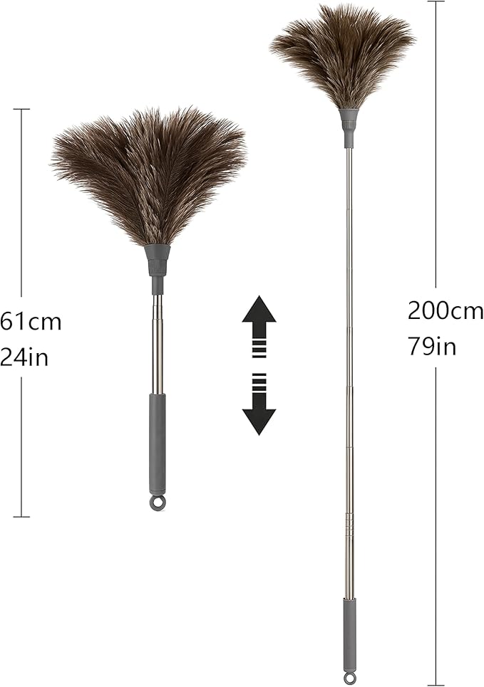 Extra Long Ostrich Feather Duster – 79" (2 m) Extendable Telescopic Handle, Natural Soft Feather Brush, Durable Reusable Cleaning Tool for Ceiling Fans, High Shelves, Furniture, Delicate Surfaces
