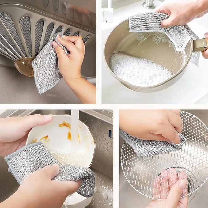 Cecurpo Multipurpose Wire Dishwashing Rags, New Silver Stainless Steel Dishwashing Cloth for Wet and Dry, Reusable Premium Metal Scrubbing Pads Sponge Clean Tool for Home Kitchen (5)