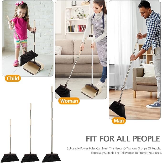 XXFLOWER Broom and Dustpan Set, Dustpans with Broom Combo for Home, Heavy Dust Broom and Dustpan Combo, Long Handle Dust Pan and Broom Set for Kitchen, Office, Pet Hair,Beige, Pack of 1