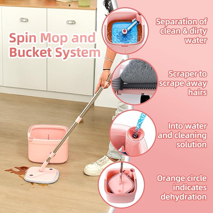 Upgraded Spin Mop and Bucket System Set, Self Separate Clean and Dirty Water, Foldable Square Standing Mop Head with Microfiber Mop Pads, Detachable Bucket