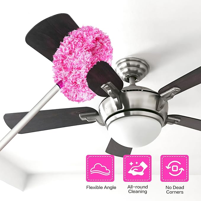 Heonay Ceiling Fan Cleaner Duster Reusable Microfiber Ceiling Fan Blade Cleaner Removable Duster with Extension Pole Adjusts 13 to 49.7 Inch for Cleaning Walls Furniture Door Window Top (Rosy White)