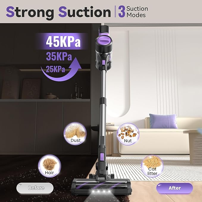 DEVOAC Cordless Vacuum Cleaner for Home, 45Kpa Lightweight Stick Vacuum with Powerful Suction, Rechargeable Battery Up to 50mins, Handheld Vacuum Cleaners for Hardwood Floor, Carpet, Pet Hair