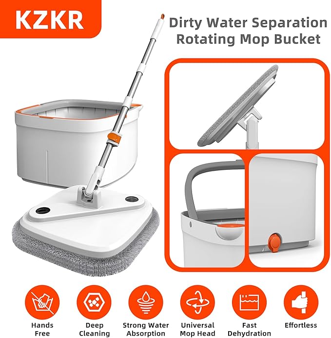 KZKR Spin Square mop and Bucket System with Wringer Set for Home with 2 Mop Pads (Grey,White)