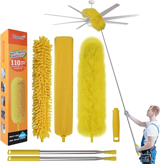 Dymoll Cobweb Duster with Extension Pole, 110" Microfiber Feather Duster Kit with Bendable Washable Heads, Spider Web Brush, Dusters for Cleaning Ceiling Fan, High Ceiling, Blinds, Furniture & Cars