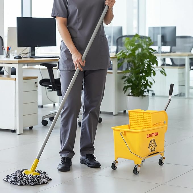 Commercial Mop Bucket with Wringer on Wheels Small 5 Gallon, Heavy Duty Dual Chamber Industrial Mop Bucket Separate Dirty Water, Perfect for Business Household, 20 Quart Yellow