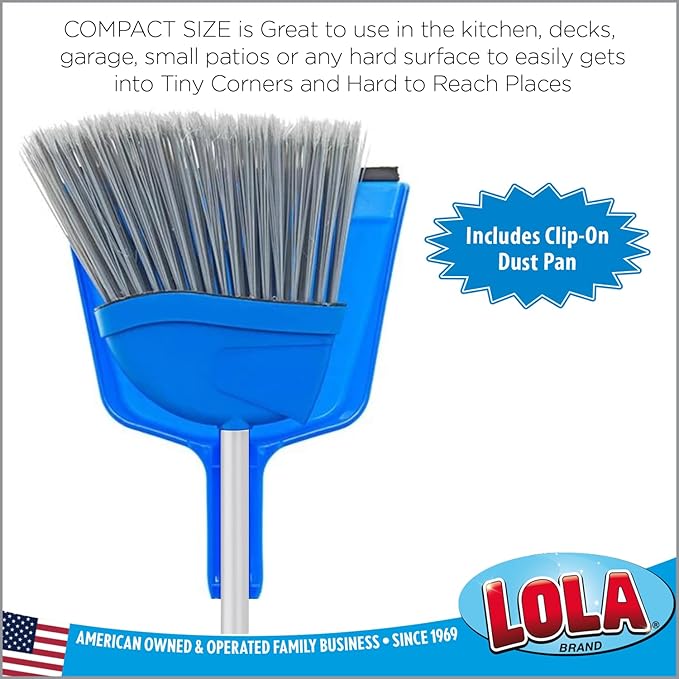 Angle Broom w/Dustpan, Indoor, 9.25" W Head, Smaller Style- Made w/Recycled Soda Bottles & Polished Aluminum Lightweight Handle, by LOLA, 1 Count