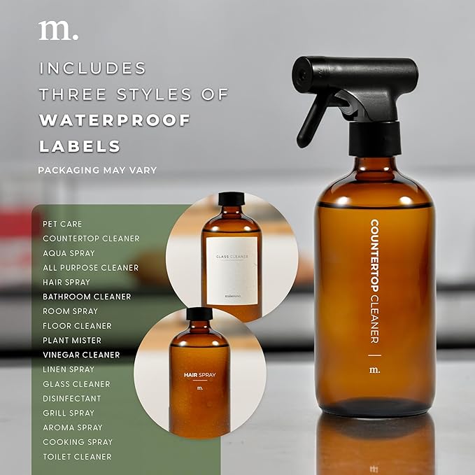 MaisoNovo Glass Spray Bottle - 16.9 fl oz Amber x 1 with 16 Labels