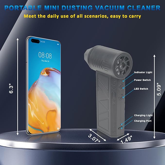 NUHFUFA 4-in-1 Compressed Air Duster with Light, Handheld Car Vacuum/Air Blower/Pump/Inflate 130000RPM Adjustable Electric Vacuum Cleaner for Computer Keyboard Car Home(Gray)