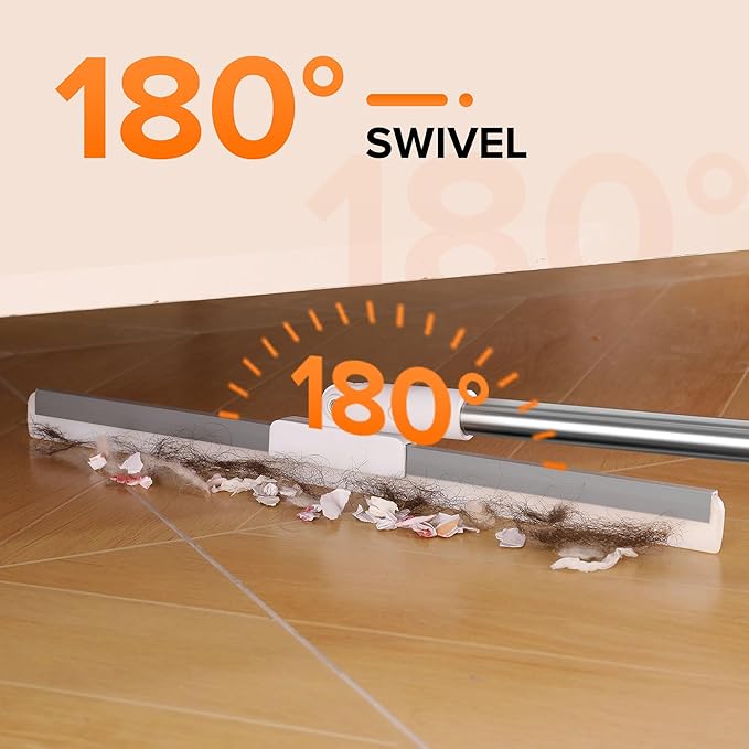 65" Long Handle Silicone Floor Squeegee -180° Rotating Head with Adjustable Handle, Removes Foam, Water Stains & Pet Hair, Ideal for Tile, Marble, Wood Floors, Glass, Shower, Kitchen & Bathroom