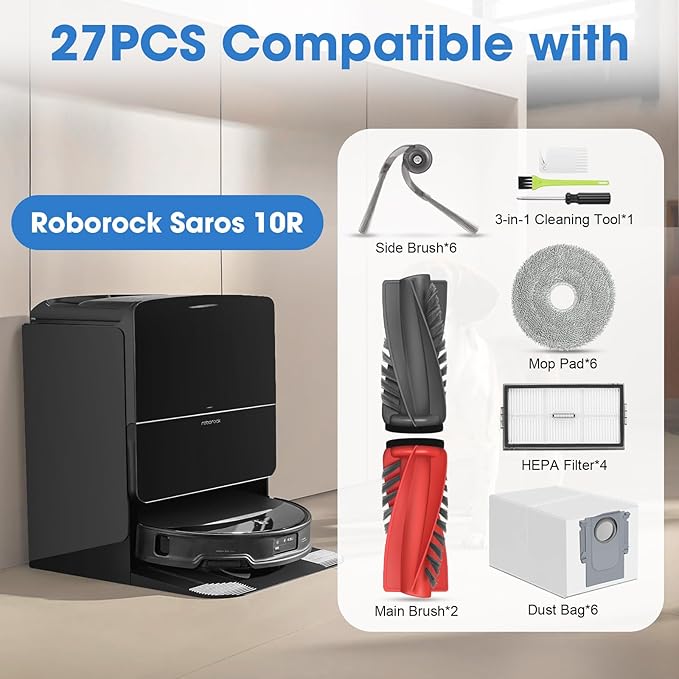 DrRobor 27PCS Saros 10R Replacement Accessories Kit for Roborock Saros 10R / Qrevo CurvX Vacuum Cleaner Includes 2 Main Brush, 4 HEPA Filters, 6 Mop Pads, 6 Dust Bags, 6 Side Brushes, 3 Cleaning Tools