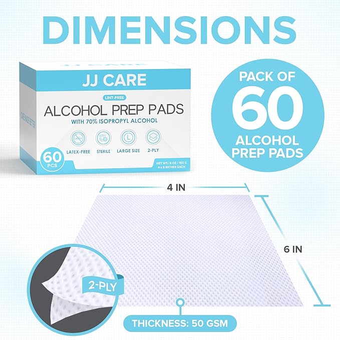 JJ CARE Large Alcohol Prep Pads [Pack of 60], 4 x 6" Sterile Alcohol Pads Individually Wrapped, 70% Isopropyl Alcohol Wipes, 2 Ply Alcohol Swabs, Perfect for Medical, First Aid Kit and Home