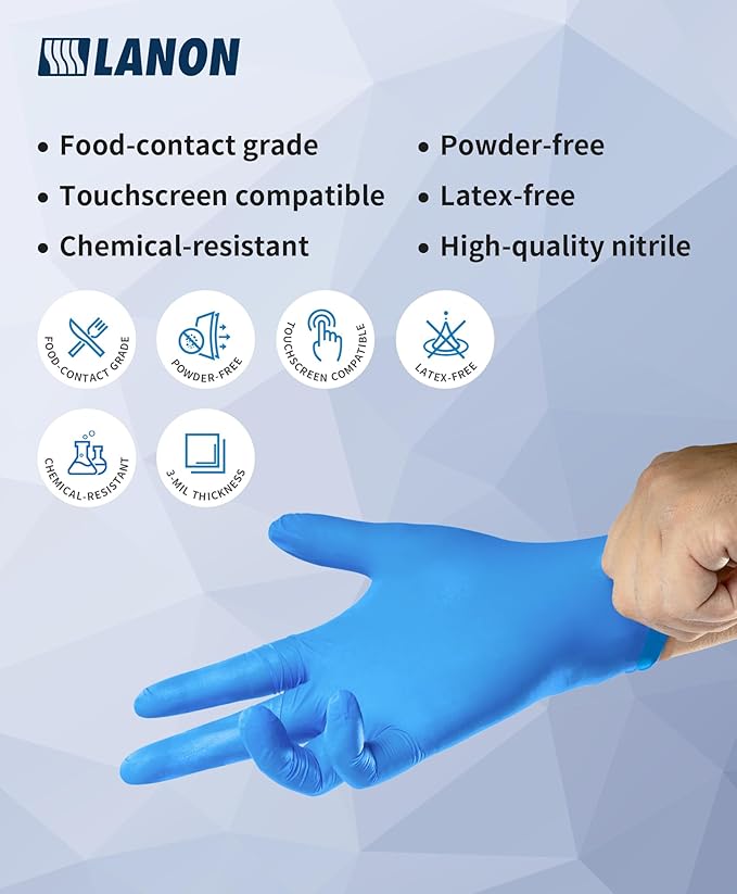 LANON Protection Blue Disposable Nitrile Gloves, Silicone-Free, Food-Safe, Chemical Resistant, Powder-Free, Textured Fingertips, Cooking, Cleaning, Case, Medium