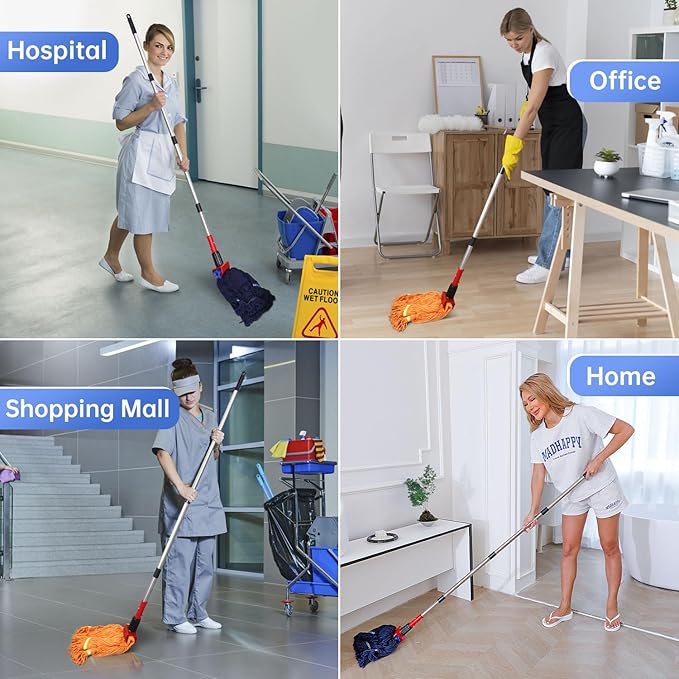 Heavy Duty Commercial Mop with 77inch Long Handle, Looped-End String Wet Mop with 12 Mop Heads for Home, Garage, Office Floor Cleaning (Orange-Blue)