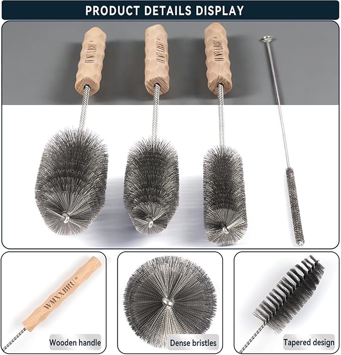 4pcs Household Pipe Cleaning Brush Set with Stainless Steel Bristles, 17 in Extra Long Stainless Steel Handle, Kitchen Scrub Cleaning Brushes, Lab Brushes for Auto Parts, Machinery, Water Pumps, Etc.