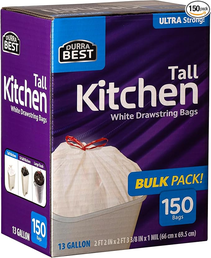 Heavy-Duty 1 Mil 13 Gallon White Trash Bags (150 Count) - Drawstring, Leak-Resistant for Home & Commercial Use