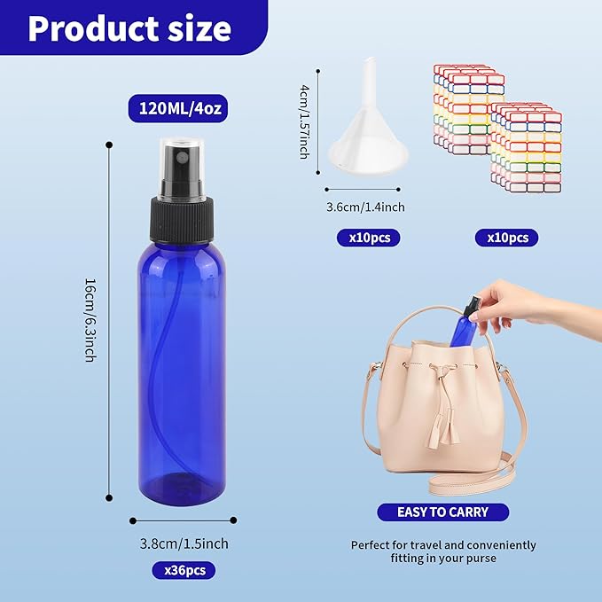 36 Pack Blue Small Spray Bottles 4 oz/120 ml Plastic Spray Bottles, Fine Mist Empty Small Travel Spray Bottle, Refillable Mini Sprayer Empty Bottle Bulk with 10 Funnels and 10 Labels