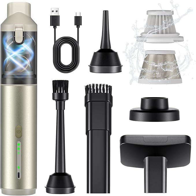 NOVARHOME Car Vacuum Portable with 16000Pa Powerful Suction, Handheld Vacuum Cordless Rechargeable Blow & Suction 4 in 1, Small Vacuum Cleaner for Car, Outdoor, Home, Office (Gold Renew)
