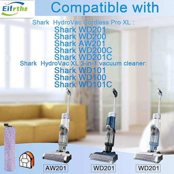 4-Pack WDB1F2 Replacement Brushroll & Filte Bundle for Shark WD101 WD201 WD100 WD200 AW201 WD200C WD201C WD101C AW261 wd160 HydroVac XL 3-in-1 vacuum cleaner, compare parts WDB1, WDB2, WDFF1, WDB1F2