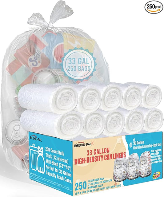 BEIDOU-PAC 33 Gallon Trash Bags, 250 Count Bulk, Heavy Duty Clear Plastic Recycling Garbage Bags, Multi-purpose Can Liners for Business Home Commercial, Industrial Contractors, Storage & Outdoor