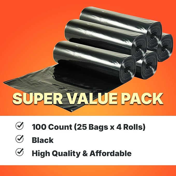 45 Gallon Trash Bags, 30 Micron Heavy Duty Pure LDPE Garbage Can Liners, 40" x 46" Large, Black, 100 Count