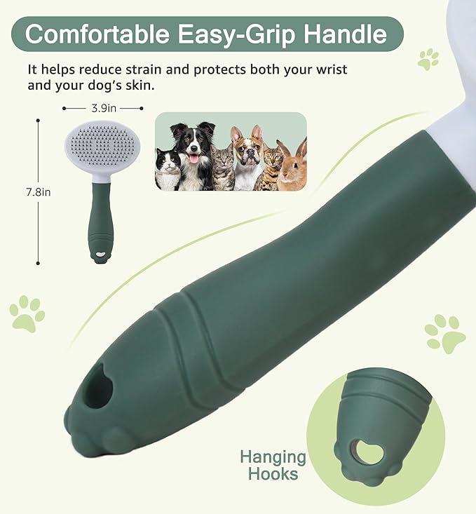 IPTPAS Pet Self-Cleaning Slicker Brush for Dogs & Cats, Deshedding Grooming Comb, Removes Loose Undercoat Hair & Mats, Skin-Friendly Massaging Tool for Long/Short Fur, Large & Small Breeds (Green)