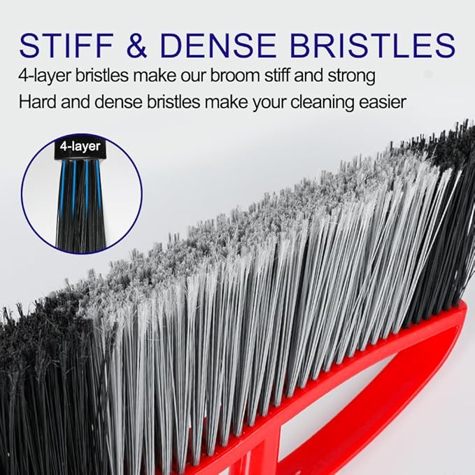 MuLing Heavy Duty Outdooor Broom - 15.7" Wide Broom with Wide Angle Design, Long Handle & Powerful Stiff Bristles for Patio, Garden, Garage, Yard (Red)