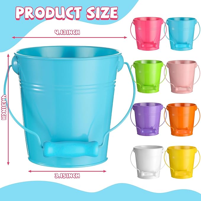 Therwen 24 Pieces Small Metal Buckets Colored Galvanized Bucket Round Metal Pail for Kids Classroom Candy Crafts,Utensils, Vase Party Favor(Wood Handle,4.13 Inch)