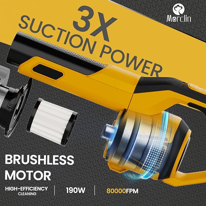 190W Brushless Cordless Vacuum Cleaner Compatible with DeWalt 20V Battery (Tool Only), 20KPa Portable 5-in-1 Lightweight Stick Handheld Vacuum with HEPA Filter for Car Home Carpet Hardfloor Pet Hair