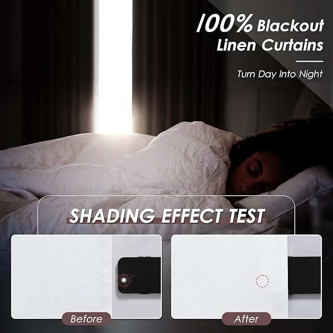 White Linen Blackout Curtains 84 Inches Long 2 Panels for Living Room Back Tab Modern Cotton Textured Pure White Black Out Curtains Heating Blocking Linen Curtain Panels for Bedroom Nursery Kids