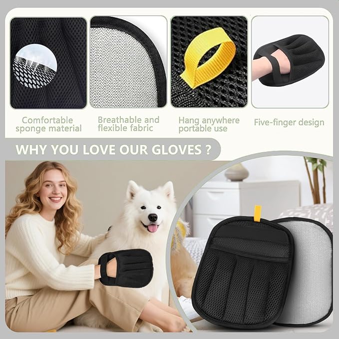 Glirops 2-Pack Electrostatic Pet Hair Remover Gloves - Reusable Dog & Cat Hair Removal Brush for Furniture,Car Interiors,Bedding and Clothing