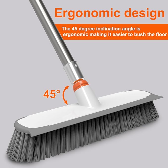 Heavy Duty Floor Scrub Brush and Grout Cleaner Set with Long Handle & Wide Floor Brush with Stiff Bristles Outdoor Scrubber for Cleaning Deck Tile Kitchen Swimming Pool Bathroom(2 Pack Brush Head)