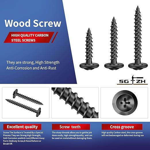 #8 x 5/8" Wood Screw 250Pcs Alloy Steel Standard Thread Truss Head Fast Self Tapping Black Oxide by SG TZH