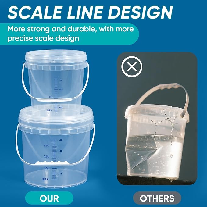 ASEVAT 1.3Gal 2Pack Clear Bucket Graduated Pail Container with Lid, Food Grade Buckets, Cleaning Containers Plastic Pails Extra Durable Handles with Grip for Easy Carrying