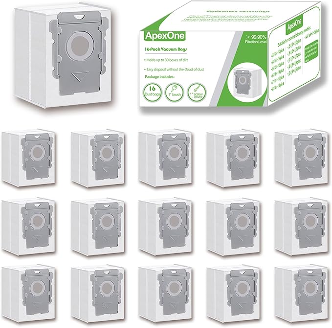 ApexOne 16 Pack Vacuum Bags for iRobot Roomba i, j, s Series, 104 Combo, 105 Combo, 105 Vac, Plus 405 (G185) (G181) Combo, Max 705 Vac, Max 705 Combo, Plus 504 Vac, Plus 505 Combo, Q0520 Robot Vacuum