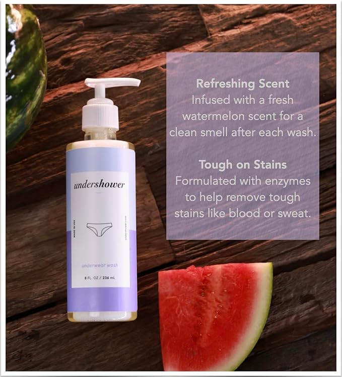 Underwear detergent designed to wash your underwear by hand in the shower or sink. Removes bad odors and blood stains. Good for 75 to 150 washes. Biodegradable. Never tested on animals. With enzymes.
