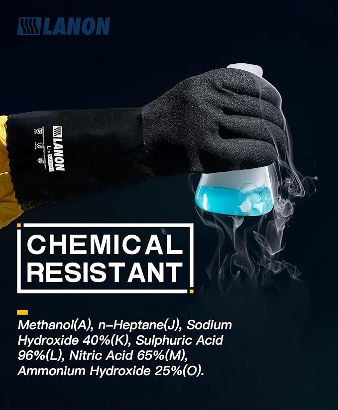 LANON Nitrile Chemical Resistant Gloves, Reusable Heavy-Duty Rubber Gloves with MicroFoam Textured Palm, Acid, Alkali and Oil Protection, Black, XXL