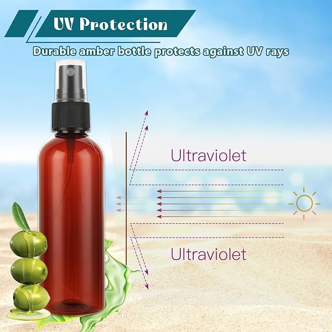60Pcs 4oz Amber Plastic Spray Bottles, Small Empty Fine Mist Spray Bottle, Refillable Liquid Containers with Labels for Travel Perfume Essential Oil Skin Care Cleaning