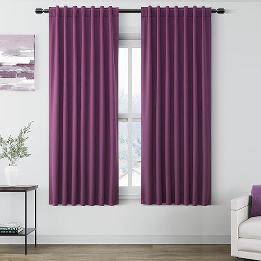 Nanspring Purple 100% Blackout Curtains 63 inches Long for Bedroom Boho Farmhouse Back Tab Rod Pocket Thermal Insulated Textured Short Room Darkening Curtains 2 Panels Set 52x63 Inches