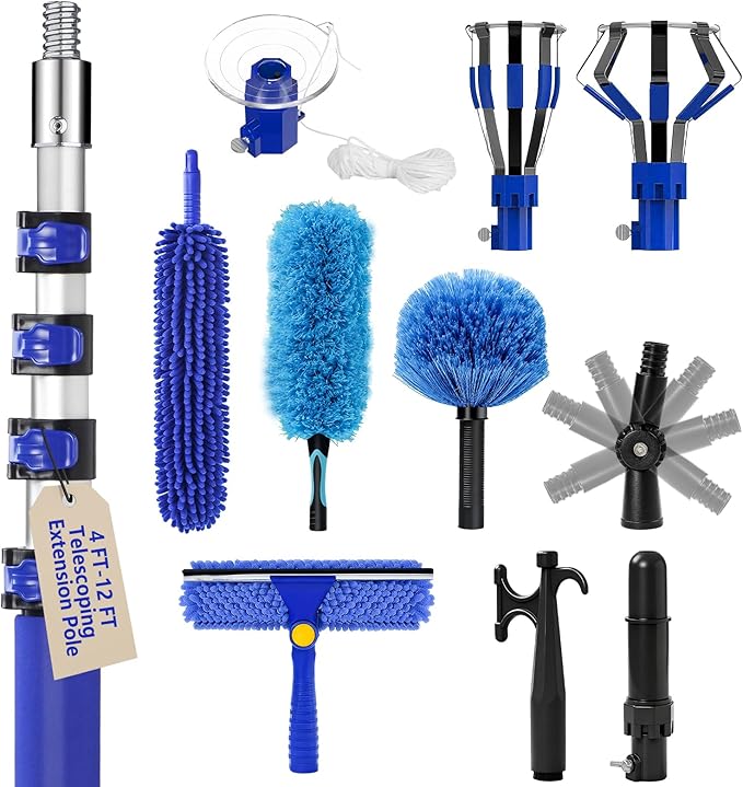 20FT Light Bulb Changer for High Ceilings with 5-12FT Heavy Duty Extension Pole,High Ceiling Ceiling Fan Cleaner Duster Kit for Home & House High Window, Interior Roof Window Cleaning Blue