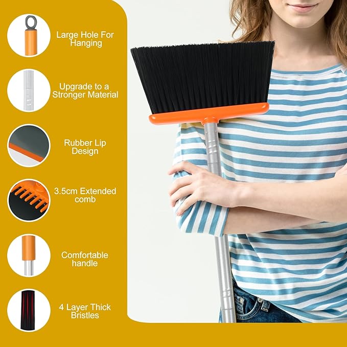 Dirty Fox Broom and Dustpan Set with 54 Inch Long Handle - Perfect Dust Pan and Brush Combo for Home Efficient Cleaning (Orange and Grey)