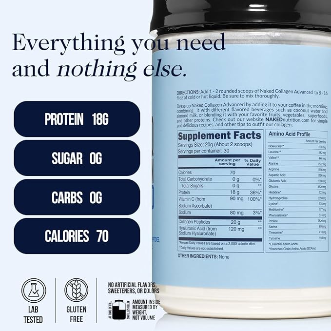 NAKED Collagen Advanced - Peptides Protein Powder, Hyaluronic Acid, Vitamin C, Pasture-Raised, Grass-Fed Hydrolyzed Collagen Supplement, Paleo Friendly, Non-GMO, Keto, Gluten Free, 21oz - 30 Servings