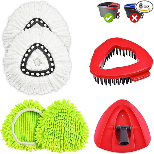 6 Pack Mop Heads Replacement for Ocedar EasyWring 1 Tank Spin Mop System,Include 2 Microfiber Spin Mops Replace Head&2 Chennile Mops Head Machine Washable with Scrubber Mopp Head and Base for Cleaning