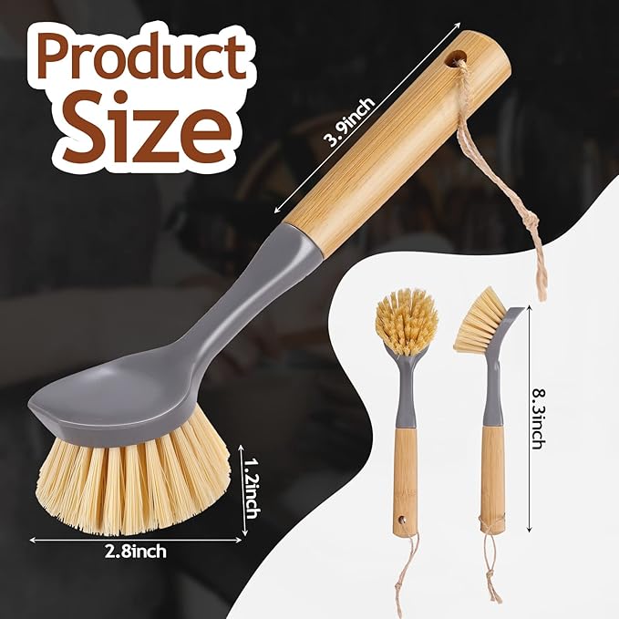 Mimorou 8 Pieces Kitchen Dish Brush with Bamboo Handle Scrub Brush Built in Scraper Dish Scrubber for Pans, Kitchen Sink Cleaning, Dishwashing
