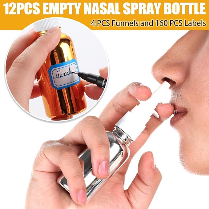 20 Pcs Nasal Spray Bottle, 30ML/1OZ 12 Pcs Bright Plating Gold Silvery Black Empty Refillable Glass Nose Spray Bottle with 4 Pcs Funnels and 4 Pcs Labels
