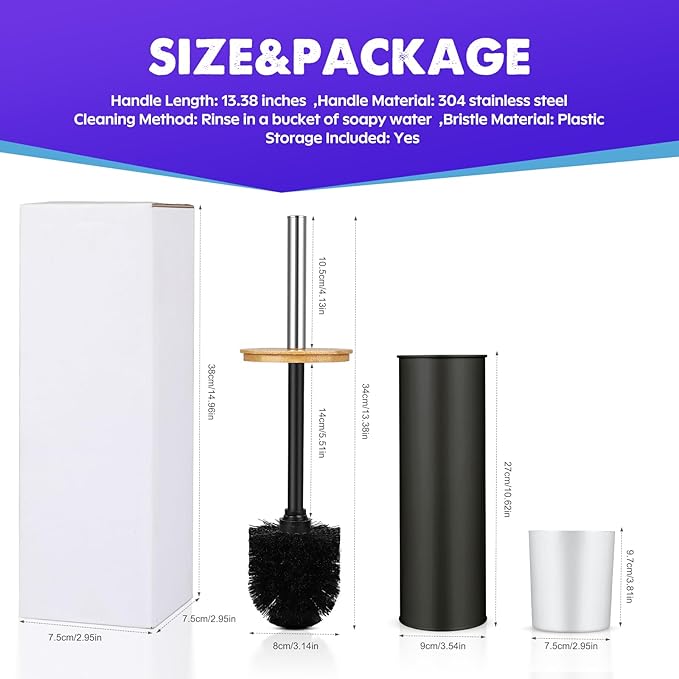 ODJSY Compact Toilet Brush & Holder,SetStainless Steel Handle Toilet Brush,Deep Cleaning,Durable Nylon Bristles,Splash-Proof Design(White&Black)