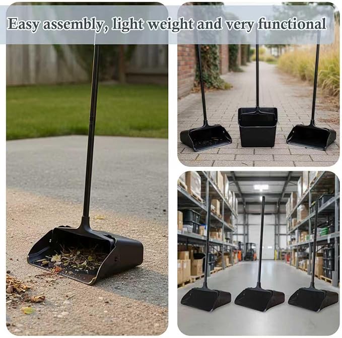 Primero Basics 3-Pack Commercial Upright Dust Pan with Long Handle and Wheels – Heavy Duty Large Dust Pans for Indoor/Outdoor Use, Janitorial or House Cleaning Tools, Black Standing Dustpan