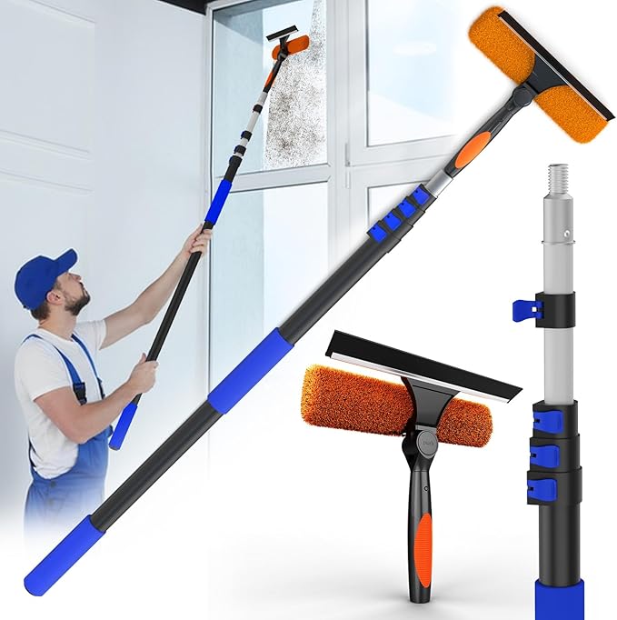 SKGPOLE 26FT Reach Window Squeegee for Window Cleaning Kit with 5-20 Foot Telescoping Extension Pole, 2 in 1 Window Squeegee, Cobweb Duster, Dust Kit Window Washing Kit for Car, Shower Glass Door