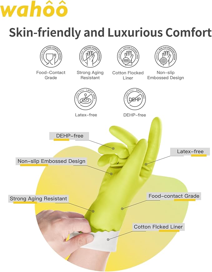 wahoo Skin-Friendly Cleaning Gloves, Cotton Flocked Lined Dishwashing Gloves, Reusable, Non-Slip, Waterproof, Bud Tender, Small
