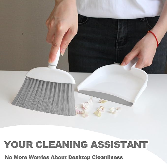 NBGYTECH Mini Broom and Dustpan Set Small Broom with Dustpan Combo Set Portable Cleaning Tools for Home Office RV Learning Camping (White+Grey)